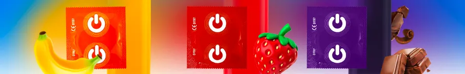 Condom wrappers of the ON) Aroma line with banana, strawberry and chocolate