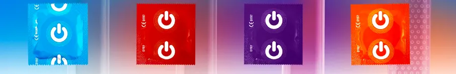Condom wrappers of the ON) Erlebnis line in blue, red, purple and orange