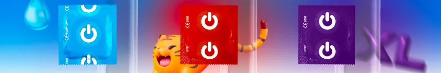 Condom wrappers of the ON) Komfort line in blue, red and purple with a tiger figure