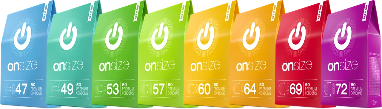 Eight ONsize condom packs side by side in rainbow colours, from size 47 to 72